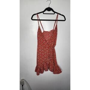 Free People Floral Wrap Dress Womens S/M Red Pink Ruffle Hem Sleeveless Summer C